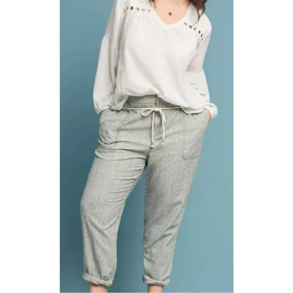Anthropologie Seashore Linen Blend Pants Green/White Lagenlook size 3X